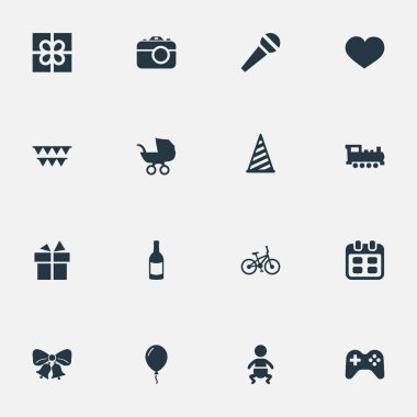 Vektör çizim basit kutlama simgeler kümesi. Öğeleri şerit, Aerostat, rezonansa ve diğer eş anlamlı parti, mikrofon ve hediye.