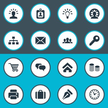 Vektör illüstrasyon iş basit simgeler kümesi. Öğeleri grubu, baskı makinesi, parola ve diğer eş anlamlı üye, para birimi ve mektup.