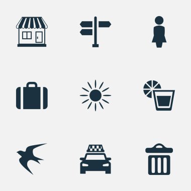 Vektör çizim basit Beach simgeler kümesi. Öğeleri, ateşli bir kadınla, mağaza ve diğer eş anlamlı çöp Bayan ve kavşak.