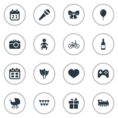 Vektör çizim basit kutlama simgeler kümesi. Öğeleri tren, bebek arabası, konuşma ve diğer eş anlamlı tiyatro, kalp ve duygular.