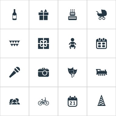 Vektör çizim basit doğum günü simgeler kümesi. Öğeleri kamera, şekerleme, konuşma ve diğer eş anlamlı aktör, Bebek ve çocuk.