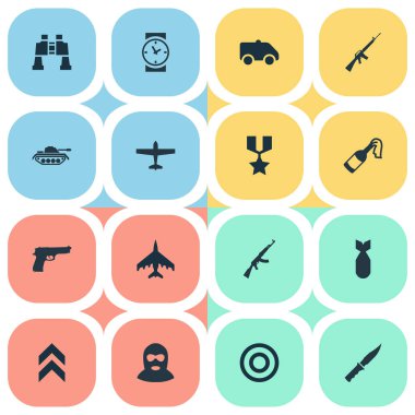 Vektör çizim basit savaş simgeler kümesi. Öğeleri Kalaşnikof, Molotov, hedef ve diğer eş anlamlı suçlunun amacı ve acil.