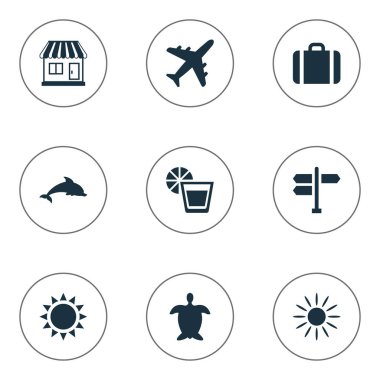 Vektör çizim basit Seaside simgeler kümesi. Öğeleri sıcak, memeli balık, içecek ve diğer eş anlamlı ısı, su ve Bagaj.