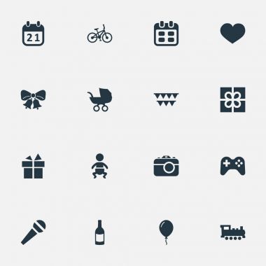 Vektör çizim basit doğum günü simgeler kümesi. Öğeleri tren, gün, rezonansa ve şerit diğer eş anlamlı Buhar ve konuşma.