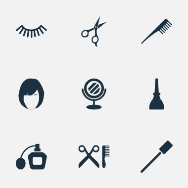 Vektör çizim basit Salon simgeler kümesi. Öğeleri makas, saç modeli, berber ve diğer eş anlamlı ayna, saç kesimi ve kuaförlük.