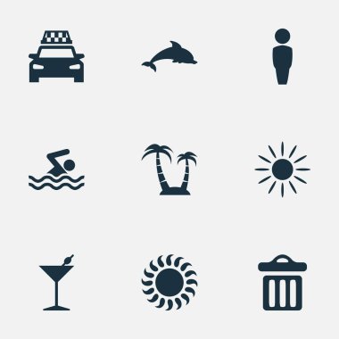 Vektör çizim basit Seaside simgeler kümesi. Öğeleri taksi, sıcak, kokteyl ve diğer eş anlamlı çöp, güneş ve güneş.