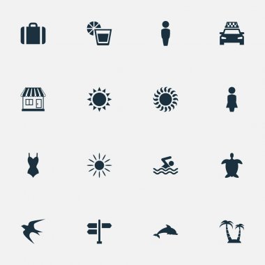 Vektör çizim basit Beach simgeler kümesi. Sıcak öğeleri güneş ışığı, taksi, bavul ve diğer eş anlamlı kadın ve yönü.