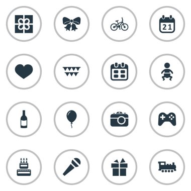 Vektör çizim basit doğum günü simgeler kümesi. Öğeleri şerit, Aerostat, kamera ve diğer eş anlamlı ruh, Fizz ve Joystick.