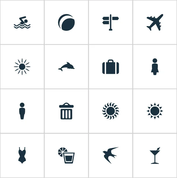 Vektor Illustration uppsättning enkel Beach ikoner. Element Cocktail, sol, sväljer och andra synonymer Delfin, sväljer och däggdjur. — Stock vektor