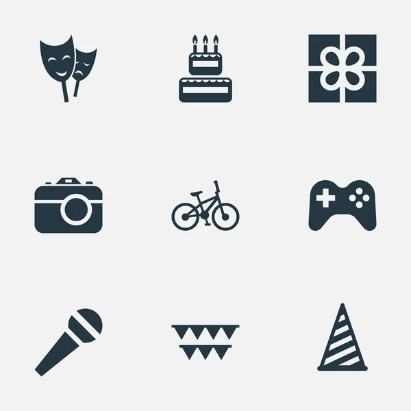 Vektoros illusztráció csoportja ikonok egyszerű ünnepe. Elemek cukrászda, játék, maszk és más szinonimák Színház, fotózás és kerékpár. — Stock Vector