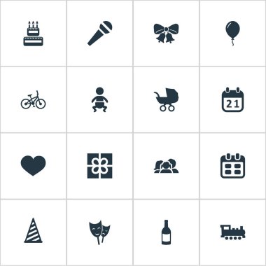 Vektör çizim basit tatil simgeler kümesi. Öğeleri maske, konuşma, bebek arabası ve diğer eş anlamlı çan Tarih ve zamanlama.