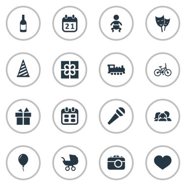 Vektör çizim basit doğum günü simgeler kümesi. Öğeleri Soul, bebek arabası, ev içi kullanımına yönelik ve diğer eş motor, Bebek ve takvim.