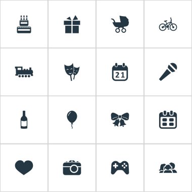 Vektör çizim basit tatil simgeler kümesi. Öğeleri bisiklet, kamera, maske ve diğer eş anlamlı aktör rezonansa ve Bisiklet.