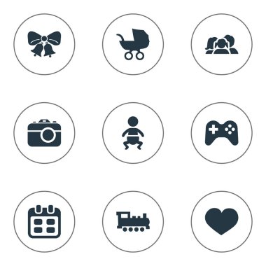 Vektör çizim basit kutlama simgeler kümesi. Öğeleri bebek arabası, tren, Bebek ve diğer eş tren, rezonansa ve çocuk.