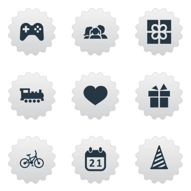 Vektör çizim basit doğum günü simgeler kümesi. Elements oyunu, Bisiklet, kutu ve diğer eş anlamlı lokomotif, duygu ve aile.