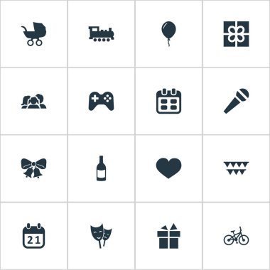 Vektör çizim basit tatil simgeler kümesi. Öğeleri Yurtiçi, gün, Bisiklet ve diğer eş anlamlı ruh, bebeğim ve maske.