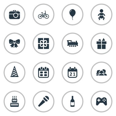 Vektör çizim basit kutlama simgeler kümesi. Öğeleri konuşma, özel gün, Bisiklet ve diğer eş şerit, şampanya ve takvim.