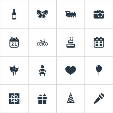 Vektör çizim basit doğum günü simgeler kümesi. Öğeleri Cap, maske, şerit ve diğer eş anlamlı bebek hediye ve bebek.