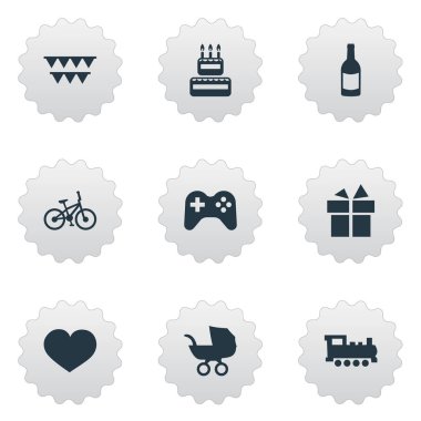 Vektör çizim basit doğum günü simgeler kümesi. Öğeleri tren, bebek arabası, Bisiklet ve diğer eş anlamlı şerit, bebeğim ve oyun.