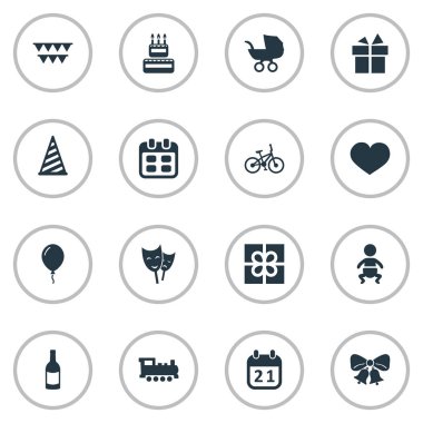 Vektör çizim basit kutlama simgeler kümesi. Öğeleri gün, ruh, bebek arabası ve diğer eş sunmak, spor ve Tarih.