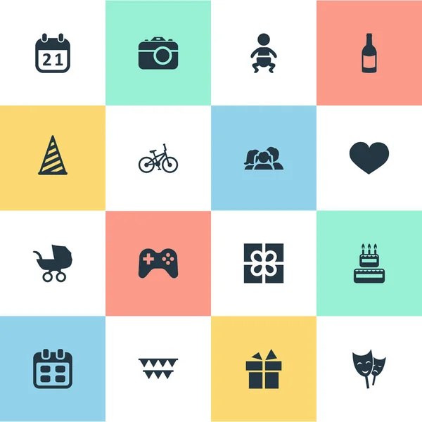 Векторный набор простых праздничных иконок. Велосипед, лента, напиток и другие синонимы . — стоковый вектор