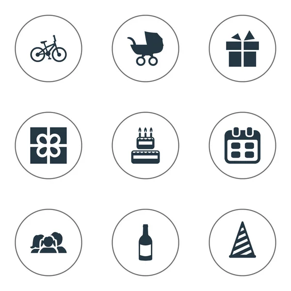 Vektor Illustration Set von einfachen Feiertagssymbolen. Elemente Kinderwagen, Süßwaren, Fahrrad und andere Synonyme Fahrrad, Kinderwagen und Preis. — Stockvektor