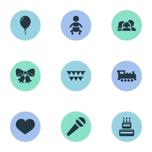 Vector Illustration Set Of Simple Celebration Icons (dalam bahasa Inggris). Elemen Infant, Aerostat, Speech And Other Synonyms Microphone, Feelings And Locomotive . - Stok Vektor