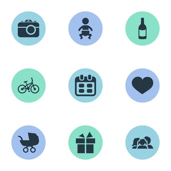 Vector illustratie Set van eenvoudige verjaardag iconen. Elementen fiets-, Soul-, baby- en andere synoniemen geschenk, kinderwagen en jongen. — Stockvector