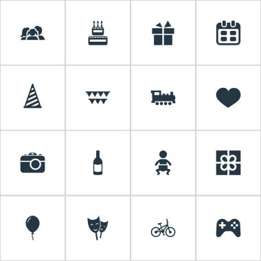 Vektör çizim basit kutlama simgeler kümesi. Öğeleri Yurtiçi, gün, içecek ve diğer eş anlamlı kamera, ev içi kullanımına yönelik ve çocuk.