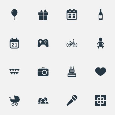 Vektör çizim basit doğum günü simgeler kümesi. Öğeleri içecek, Bisiklet, şekerleme ve diğer eş anlamlı fotoğraf sunmak ve parti.