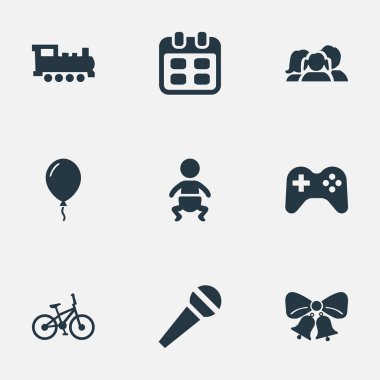 Vektör çizim basit doğum günü simgeler kümesi. Öğeleri yankı, ev içi kullanımına yönelik, konuşma ve diğer eş anlamlı Aerostat Bisiklet ve lokomotif.