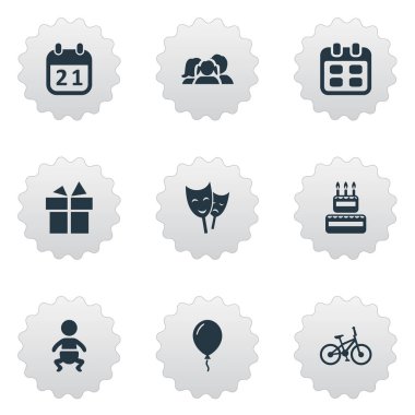 Vektör çizim basit tatil simgeler kümesi. Öğeleri bebek, özel gün, maske ve diğer eş anlamlı Yurtiçi, Bisiklet ve insanlar.