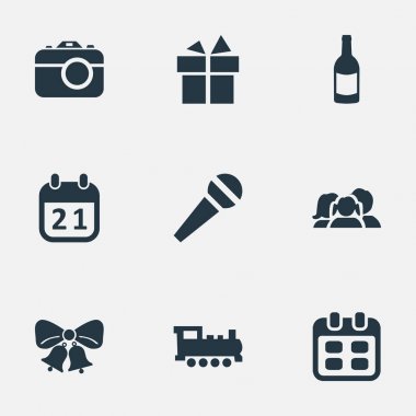 Vektör çizim basit kutlama simgeler kümesi. Öğeleri kamera, gün, konuşma ve diğer eş zamanlamak, tren ve hediye.