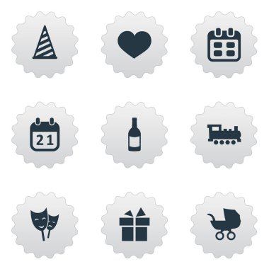 Vektör çizim basit doğum günü simgeler kümesi. Öğeleri bebek arabası, tren, gün ve diğer eş anlamlı bebek arabası, şapka ve tonik.