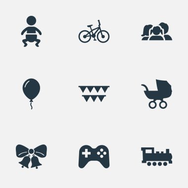 Vektör çizim basit tatil simgeler kümesi. Öğeleri bebek, bebek arabası, ev içi kullanımına yönelik ve diğer eş anlamlı bebek oynamak ve Bisiklet.