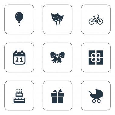 Vektör çizim basit kutlama simgeler kümesi. Öğeleri özel gün, bebek arabası, Bisiklet ve diğer eş anlamlı tiyatro, şerit ve spor.