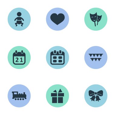 Vektör çizim basit tatil simgeler kümesi. Öğeleri özel gün, kurdele, yankı ve maske diğer eş anlamlı aktör ve Tarih.