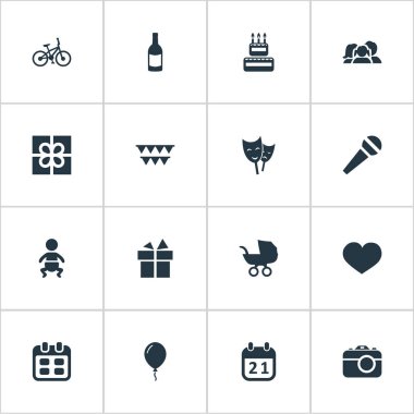 Vektör çizim basit kutlama simgeler kümesi. Öğeleri şekerlemeler, kutu, içecek ve diğer eş anlamlı fotoğraf, spor ve bebek.