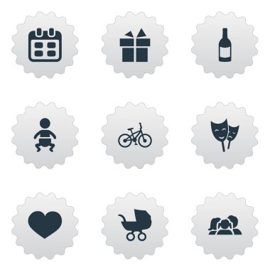 Vektör çizim basit doğum günü simgeler kümesi. Öğeleri bisiklet, Bebek, ev içi kullanımına yönelik ve diğer eş anlamlı tiyatro, taşıma ve şampanya.