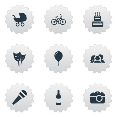 Vektör çizim basit kutlama simgeler kümesi. Öğeleri Yurtiçi, maske, konuşma ve diğer eş anlamlı İçecek şampanya ve Sweetmeat.