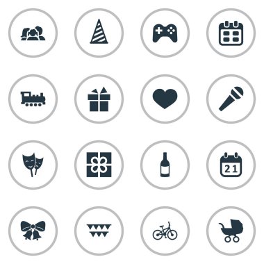 Vektör çizim basit doğum günü simgeler kümesi. Elements oyunu, ev içi kullanımına yönelik, kutu ve diğer eş anlamlı insanlar, Joystick ve spor.