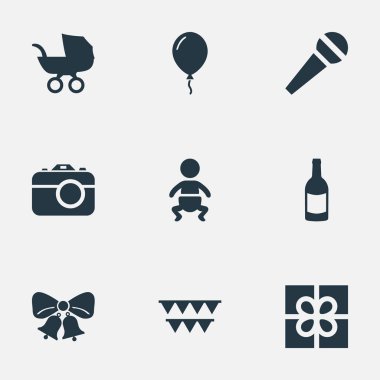 Vektör çizim basit kutlama simgeler kümesi. Öğeleri kamera, Bebek, rezonansa ve diğer eş gökyüzü, taşıma ve bayrakları.