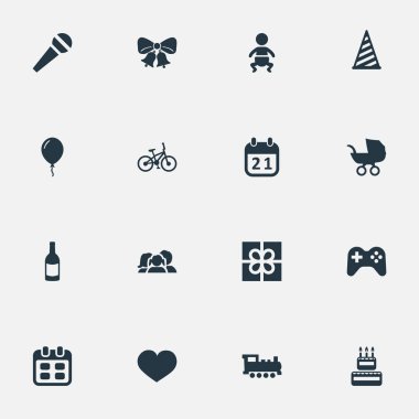 Vektör çizim basit doğum günü simgeler kümesi. Öğeleri Aerostat, yankı, Bebek ve diğer eş anlamlı çan Buhar ve spor.