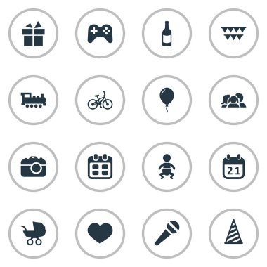 Vektör çizim basit tatil simgeler kümesi. Öğeleri konuşma, tren, özel gün ve diğer eş anlamlı takvim, zamanlama ve Joystick.