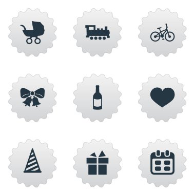 Vektör çizim basit doğum günü simgeler kümesi. Öğeleri bisiklet, ruh, şerit ve diğer eş anlamlı tren, duygu ve ruh.