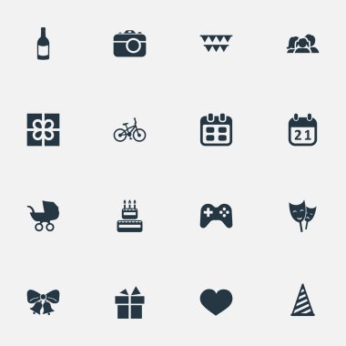 Vektör çizim basit doğum günü simgeler kümesi. Öğeleri özel gün, şekerlemeler, ruh ve diğer eş Jingle, Fizz ve kutusu.