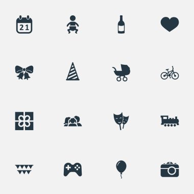 Vektör çizim basit tatil simgeler kümesi. Elements oyunu, Bebek, Bisiklet ve diğer eş gökyüzü, ruh ve dekorasyon.