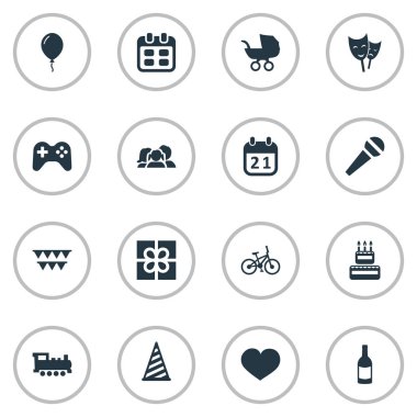 Vektör çizim basit doğum günü simgeler kümesi. Öğeleri özel gün, konuşma, Aerostat ve diğer eş anlamlı motor, takvim ve aile.