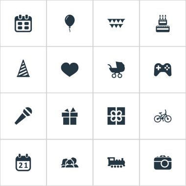 Vektör çizim basit tatil simgeler kümesi. Öğeleri şekerleme, gün, ev içi kullanımına yönelik ve diğer eş balon, lokomotif ve Bisiklet.