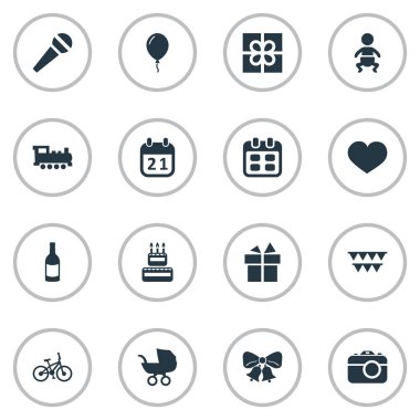 Vektör çizim basit kutlama simgeler kümesi. Öğeleri gün, kutu, bebek arabası ve diğer eş anlamlı balon, ruh ve Fotoğrafçılık.